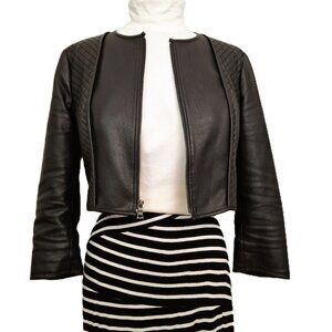 Vegan Leather Crop Biker Jacket Sz Lg Black Lined Quilted Zipped BCBGMAXAZRIA